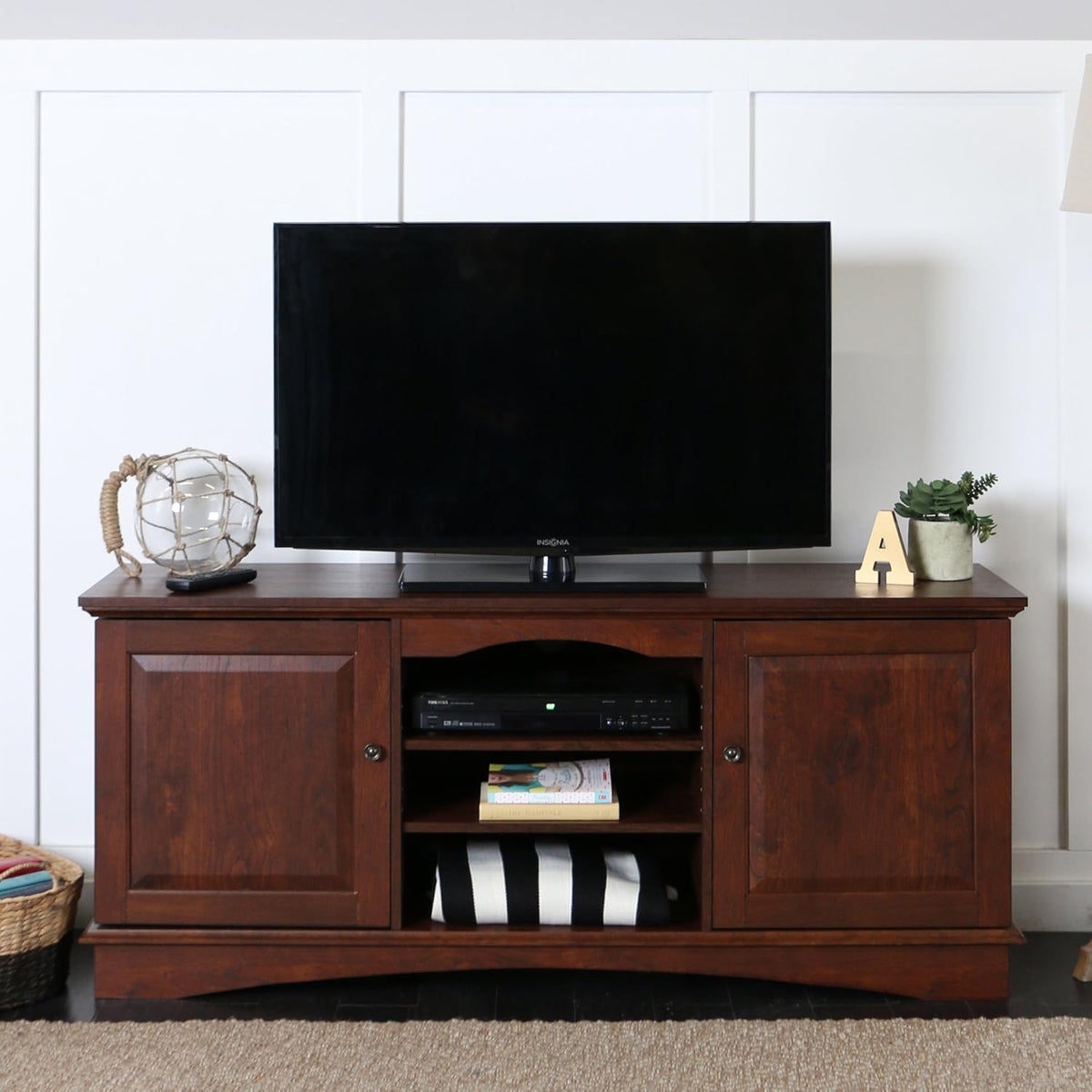 44 Inch Traditional Brown Wood TV Stand with Storage Cabinets J3456