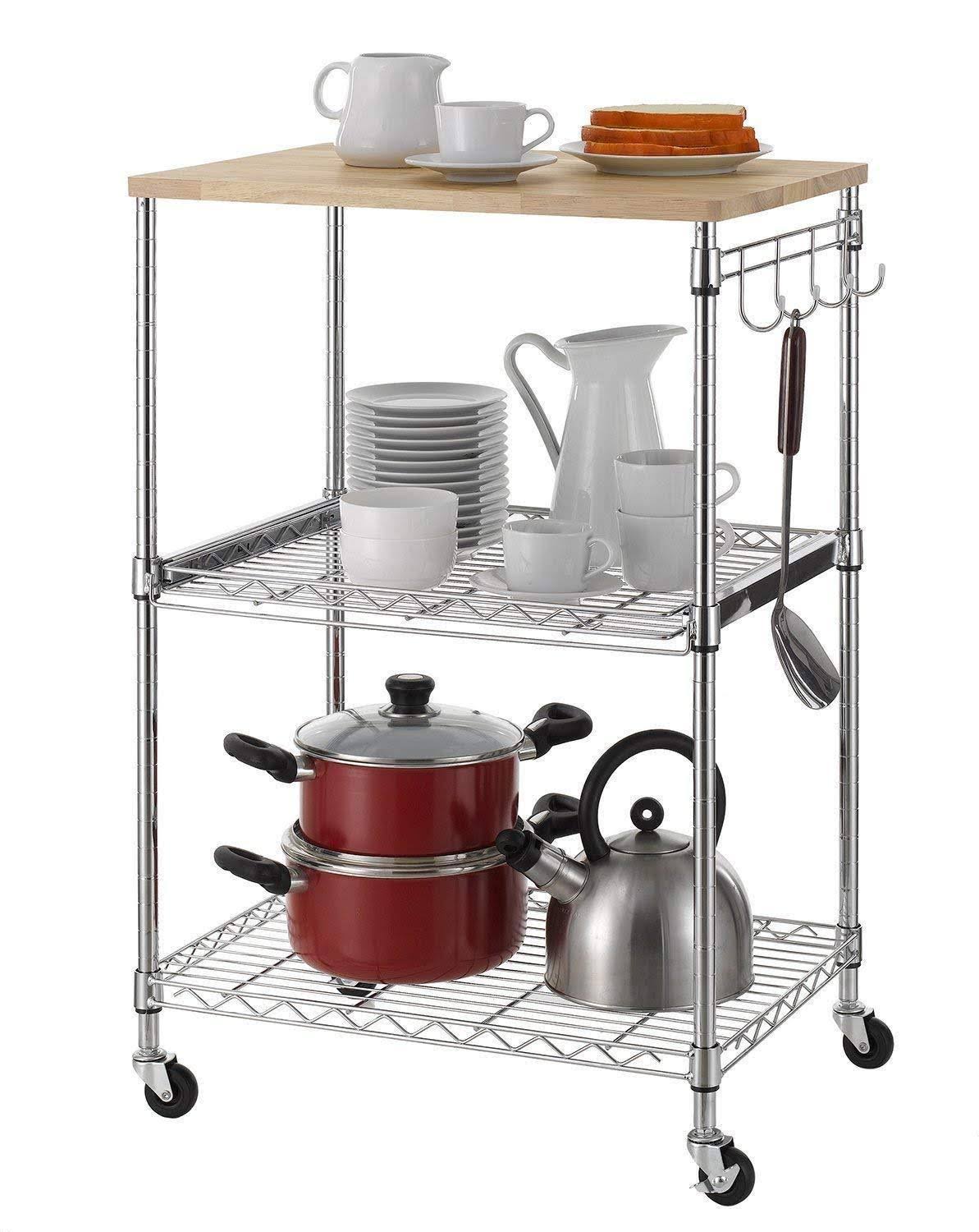 3-Tier Wire Rolling Kitchen Cart with Oak Cutting Board and Chrome Y2574