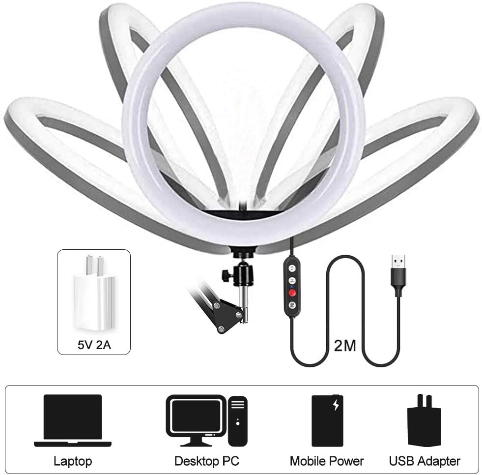 LED Video Conference Lighting with Clamp Scissor Arm Stand, 5600K USB Studio Light Kit D3828