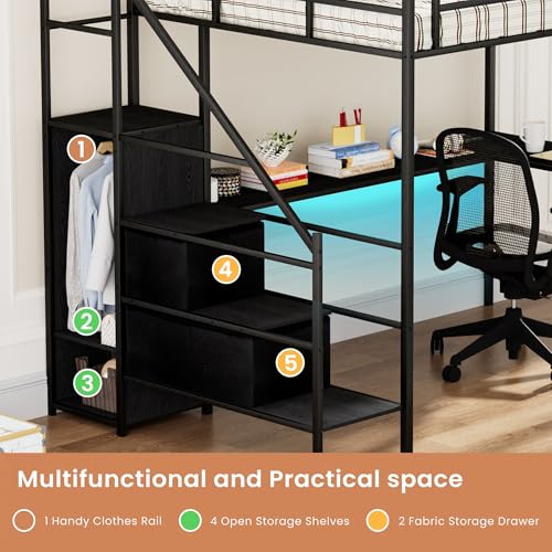 Full Size Black Metal Loft Bed with Desk and Stairs U22778