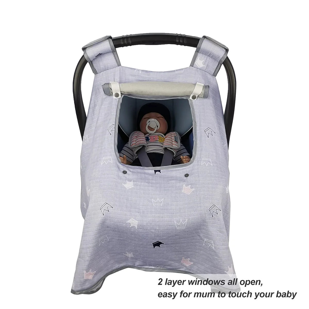 Grey Muslin Car Seat Canopy with Window R295