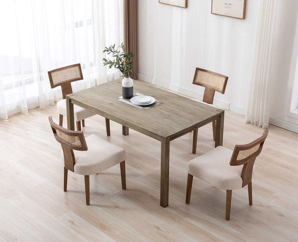Beige Rattan Backrest Linen Upholstered Solid Wood Dining Chairs Set of 2 B1714