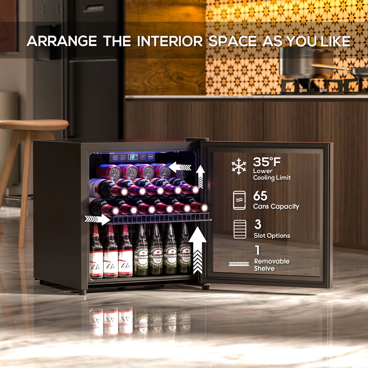 100 Can Beverage Refrigerator Cooler 2.47 Cu.ft Mini Fridge with Glass Door & Adjustable Shelves K403