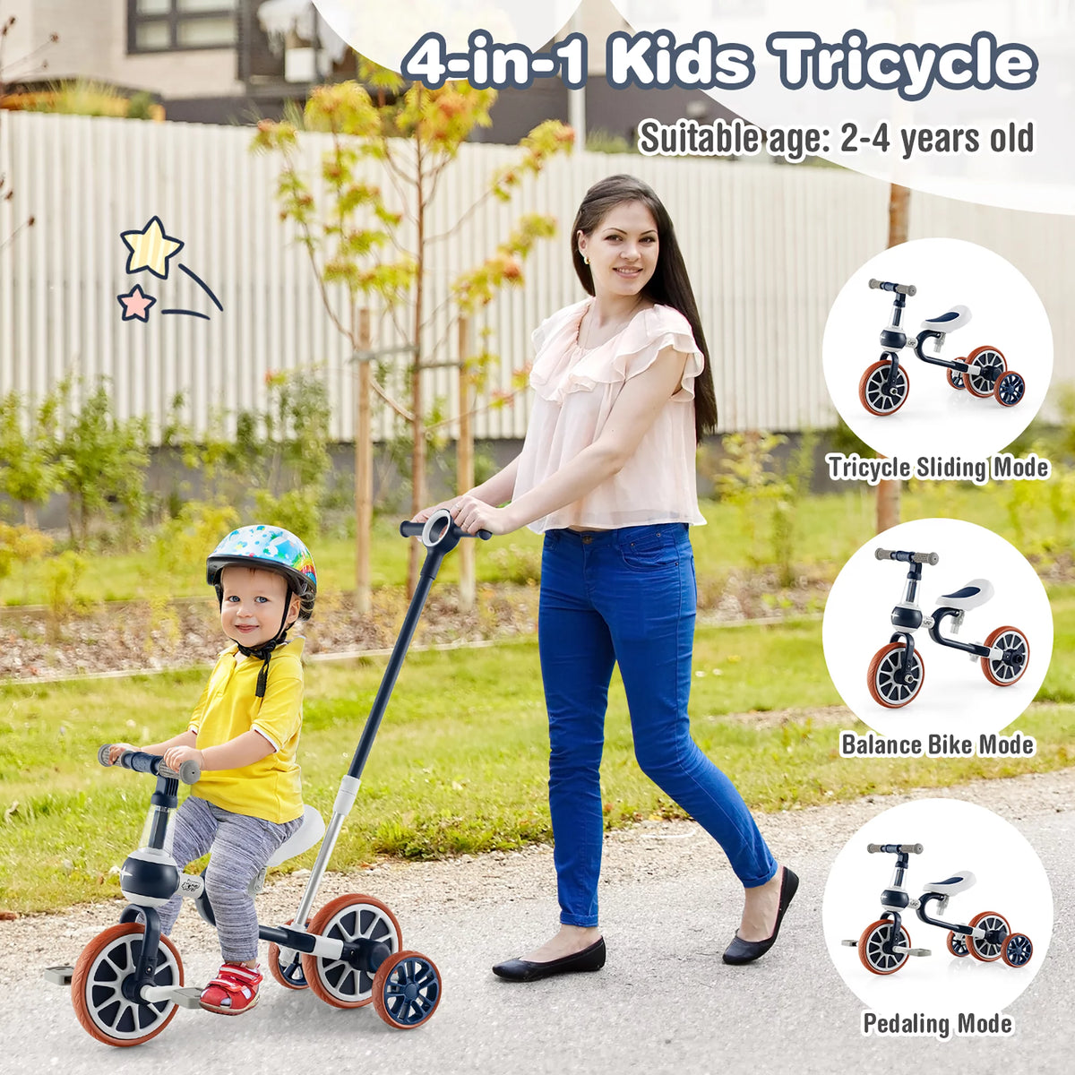 4 in 1 Kids Tricycles with Push Handle & Training Wheels Navy I728