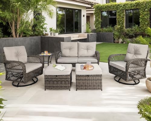 6 Pieces Patio Furniture Set Wicker Sofa with Swivel Rocking Chairs Ottoman Coffee Table Gray W59235