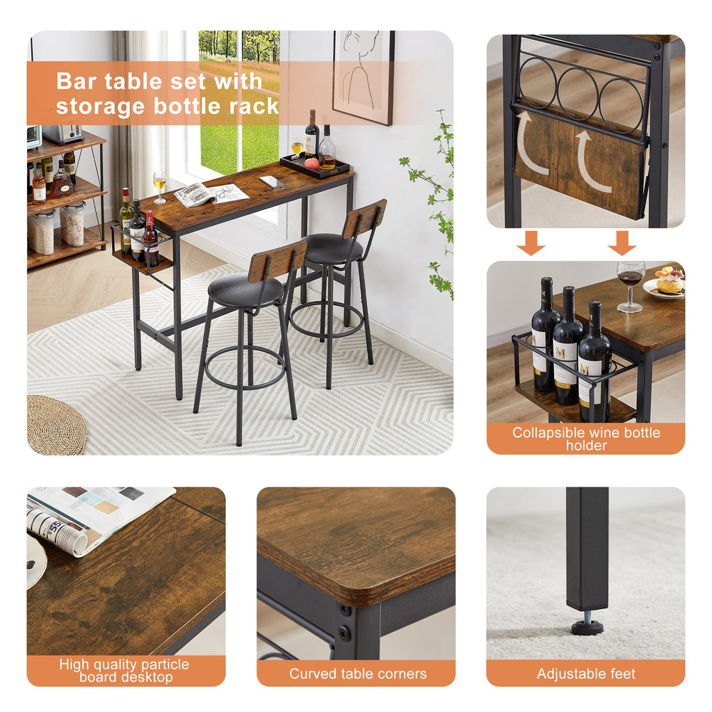 Rustic 3-Piece Dining Table Set with 2 Stools Y80075