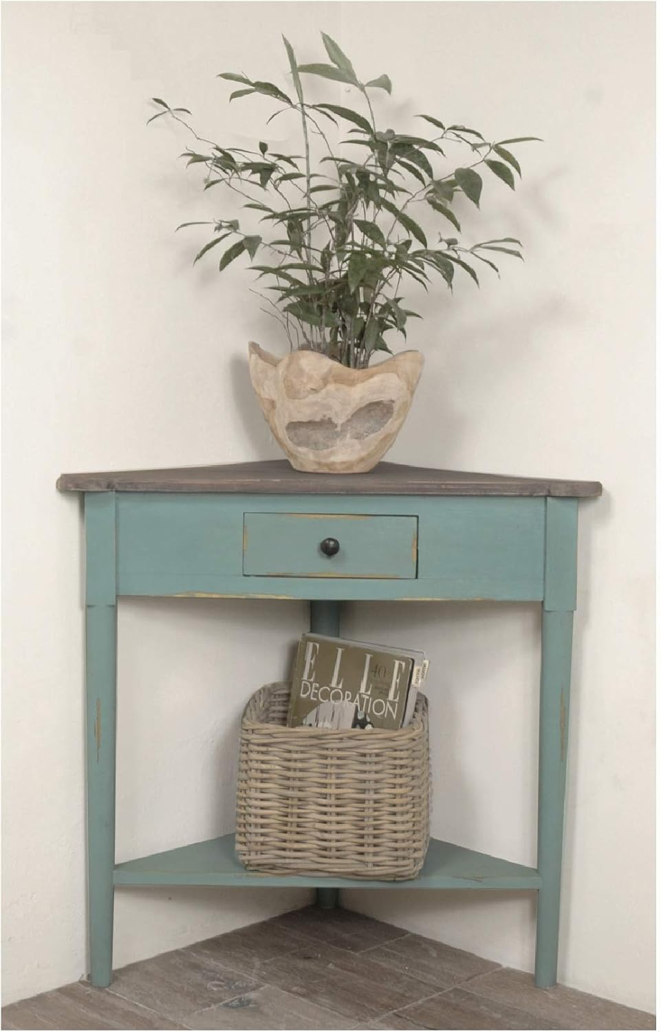 Distressed Beach Blue and Brown Triangular Corner Table with Drawer X203155