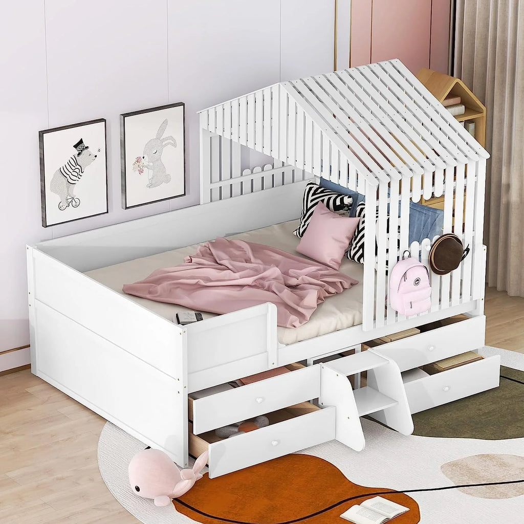 White Full Size Wood House Bed with 4 Drawers J30522