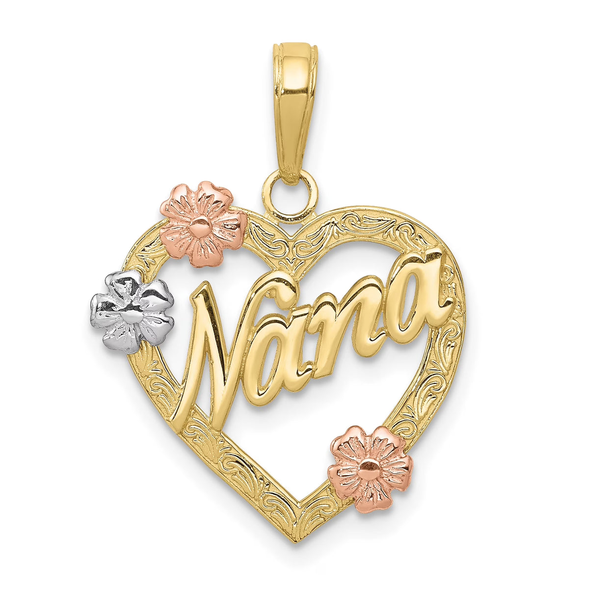 10K Tri Color Nana in Heart with Flowers Pendant P72604
