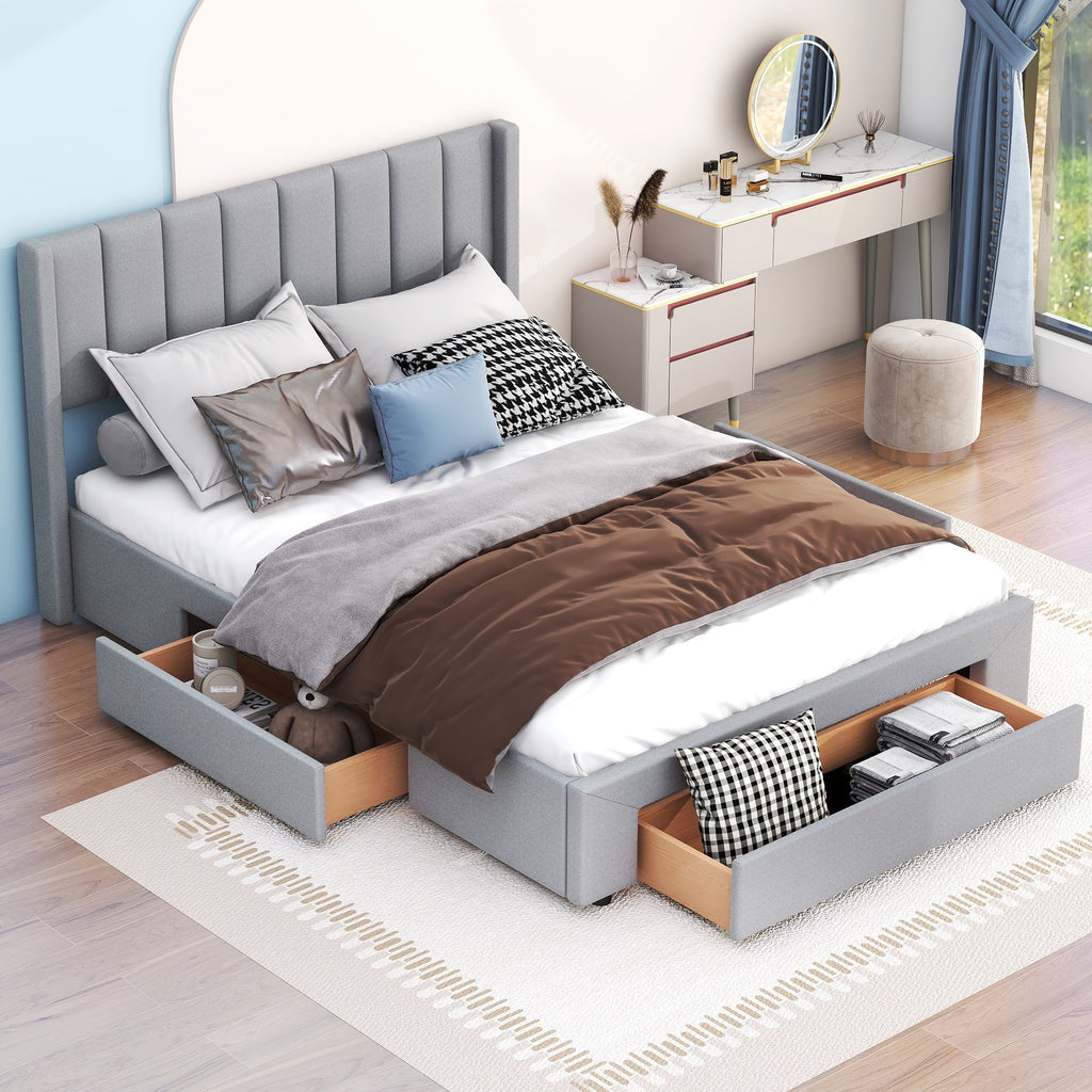 Queen Size Upholstery Platform Bed with Three Storage Drawers M655