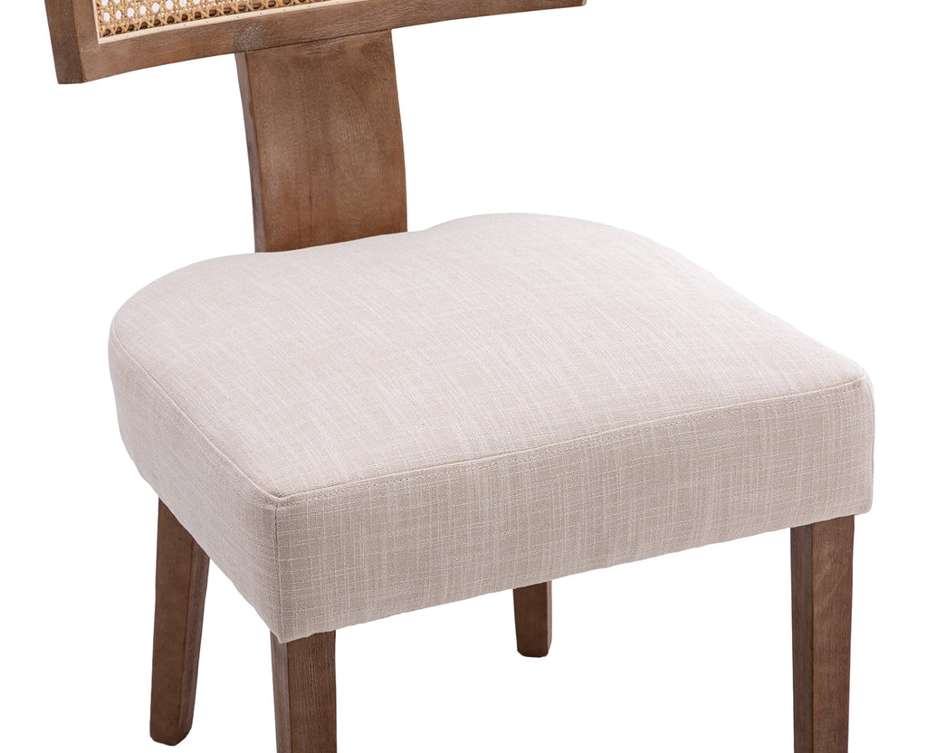 Beige Rattan Backrest Linen Upholstered Solid Wood Dining Chairs Set of 2 B1714