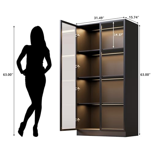 Black 3-Tier Display Cabinet with Glass Doors and Lights B7389