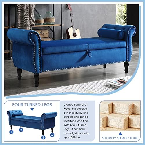 Velvet Ottoman Bench with Toss Pillow (Blue) L551