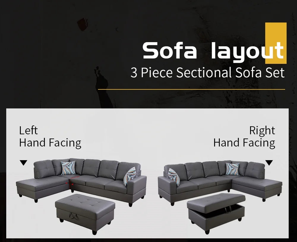 Dark Grey Faux Leather Sectional with Ottoman T508090