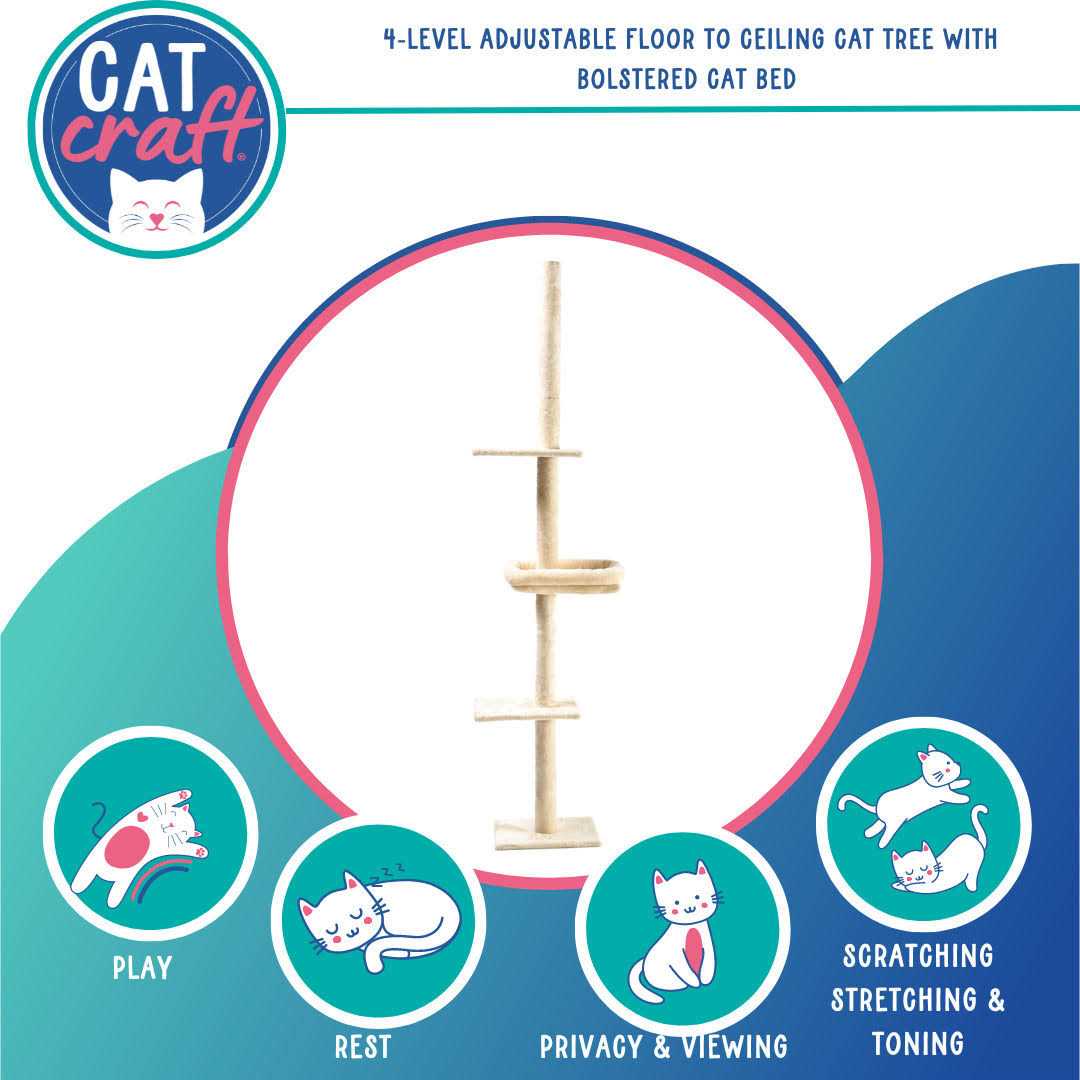 4-Level Carpeted Adjustable Floor to Ceiling Cat Tree with Cat Bed E225431