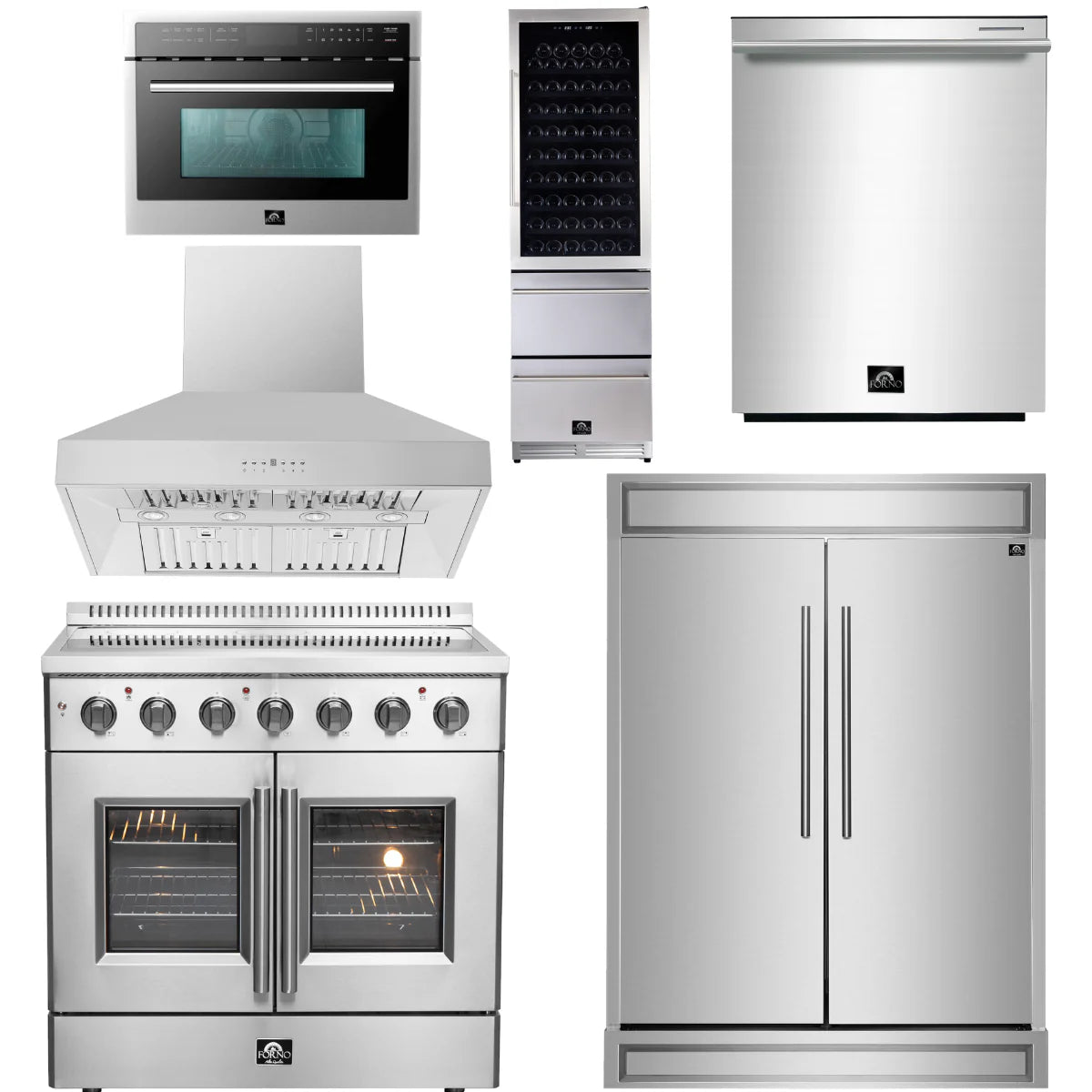 36 Electric French Door Range, Wall Mount Range Hood, Refrigerator, Dishwasher, Microwave and Wine Cooler L652