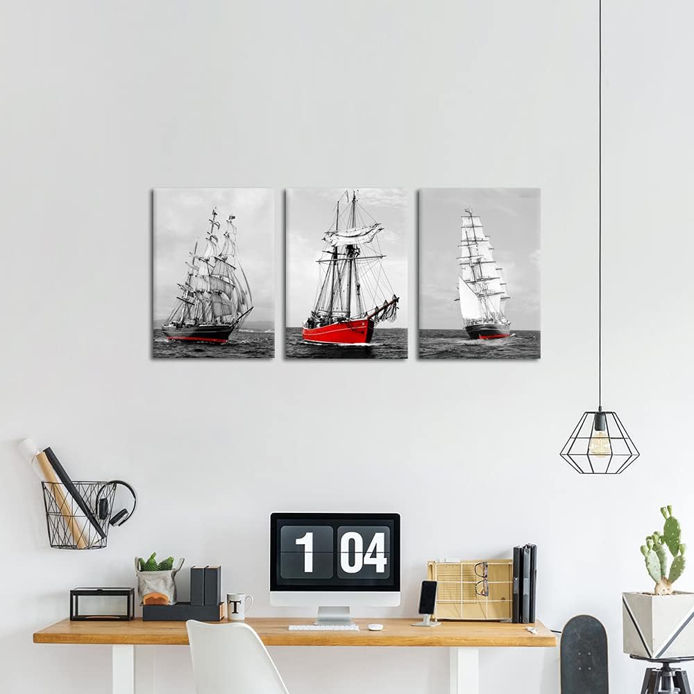 Red Sailing Ship Canvas Wall Art 12x16inch 3pcs G4415