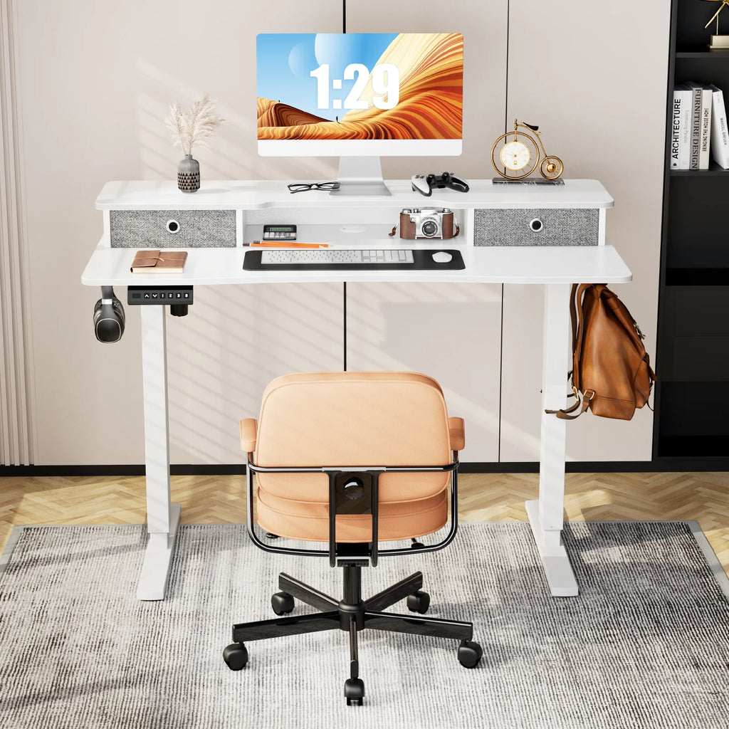 Height Adjustable Electric Standing Desk with Storage Shelf Double Drawer C28968