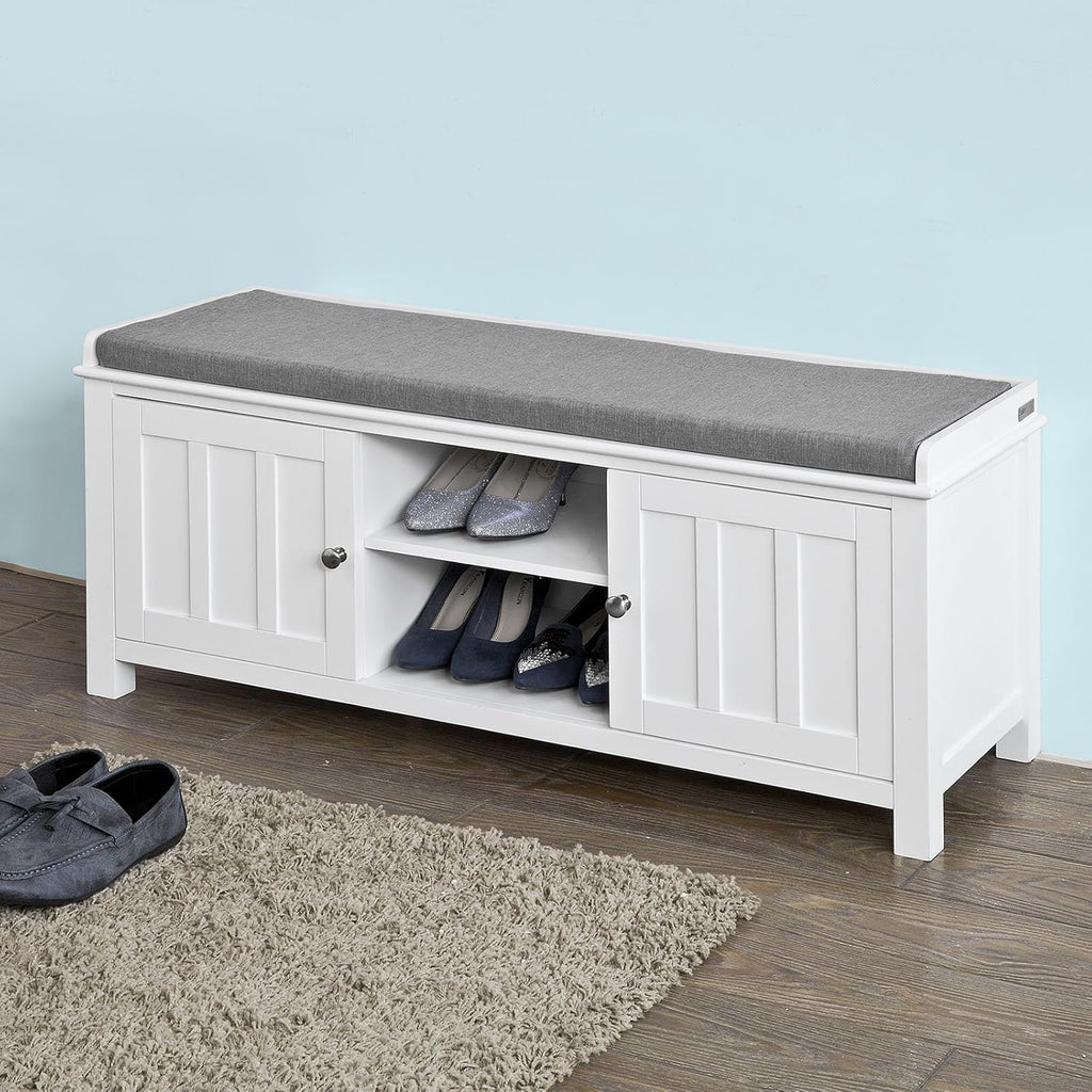 White Shoe Storage Bench with 2 Doors and Removable Seat Cushion T115