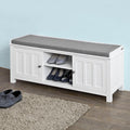 White Shoe Storage Bench with 2 Doors and Removable Seat Cushion T115
