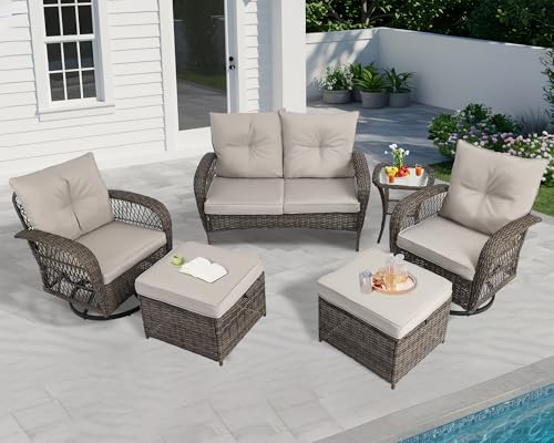 6 Pieces Patio Furniture Set Wicker Sofa with Swivel Rocking Chairs Ottoman Coffee Table Gray W59235