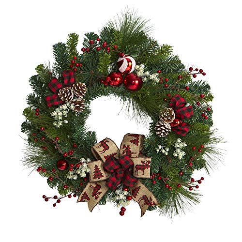 24in. Artificial Christmas Pine Wreath with Pine Cones and Ornaments W354563