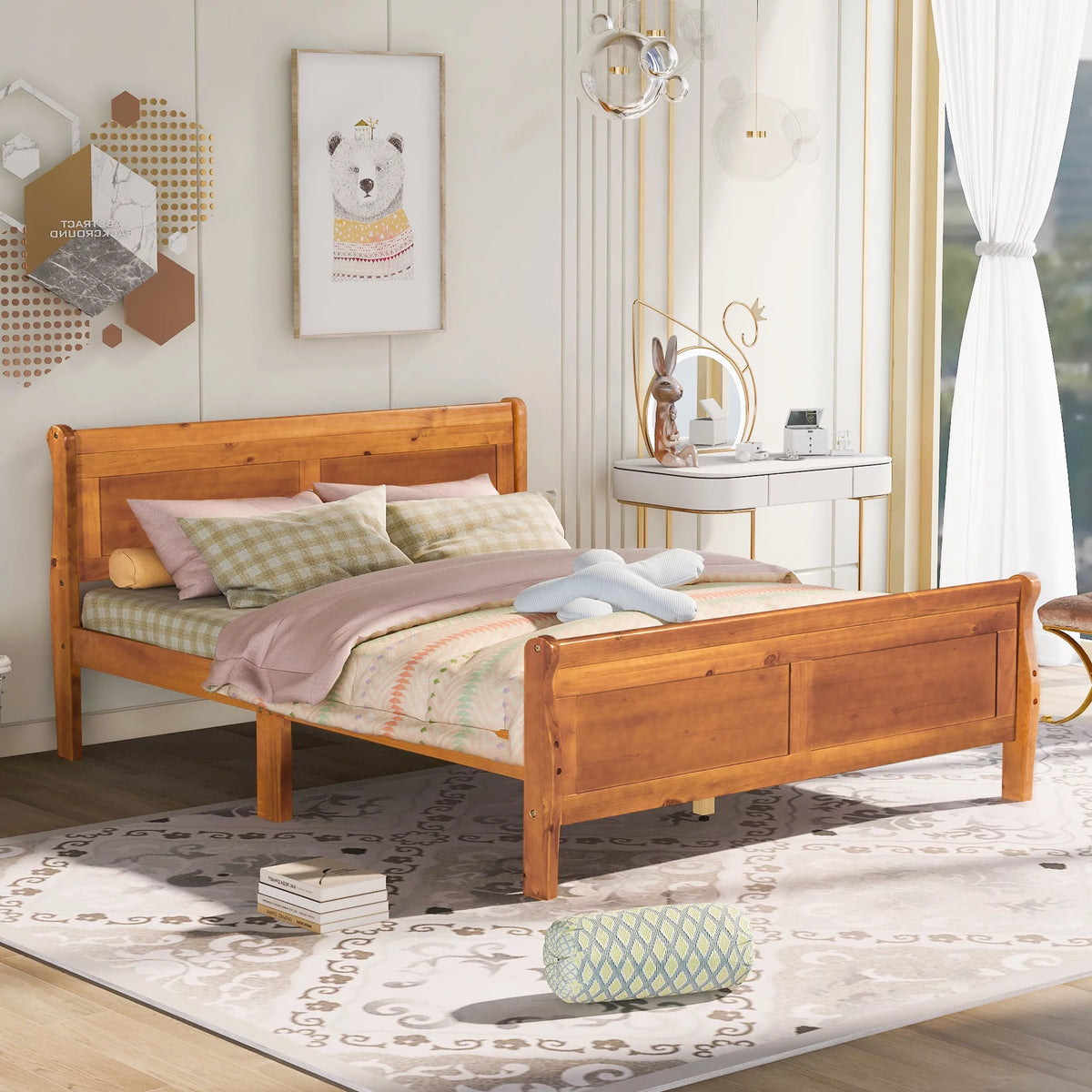 Queen Size Wood Platform Bed Frame with Headboard and Footboard B95383