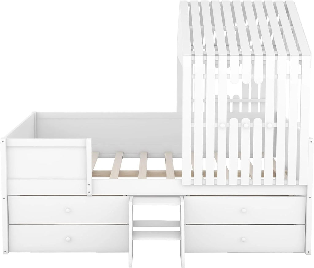 White Full Size Wood House Bed with 4 Drawers J30522