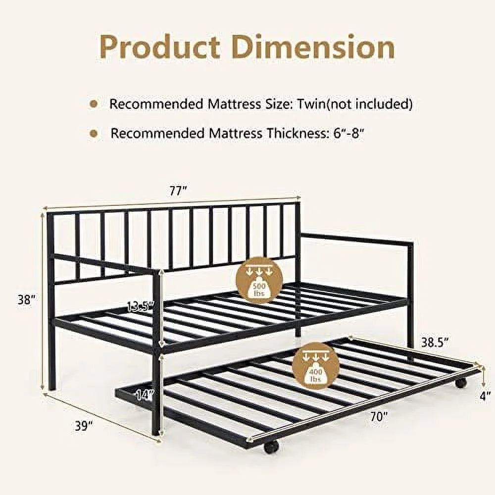 Black Metal Twin Daybed Frame with Slat Support and Guardrails V78787