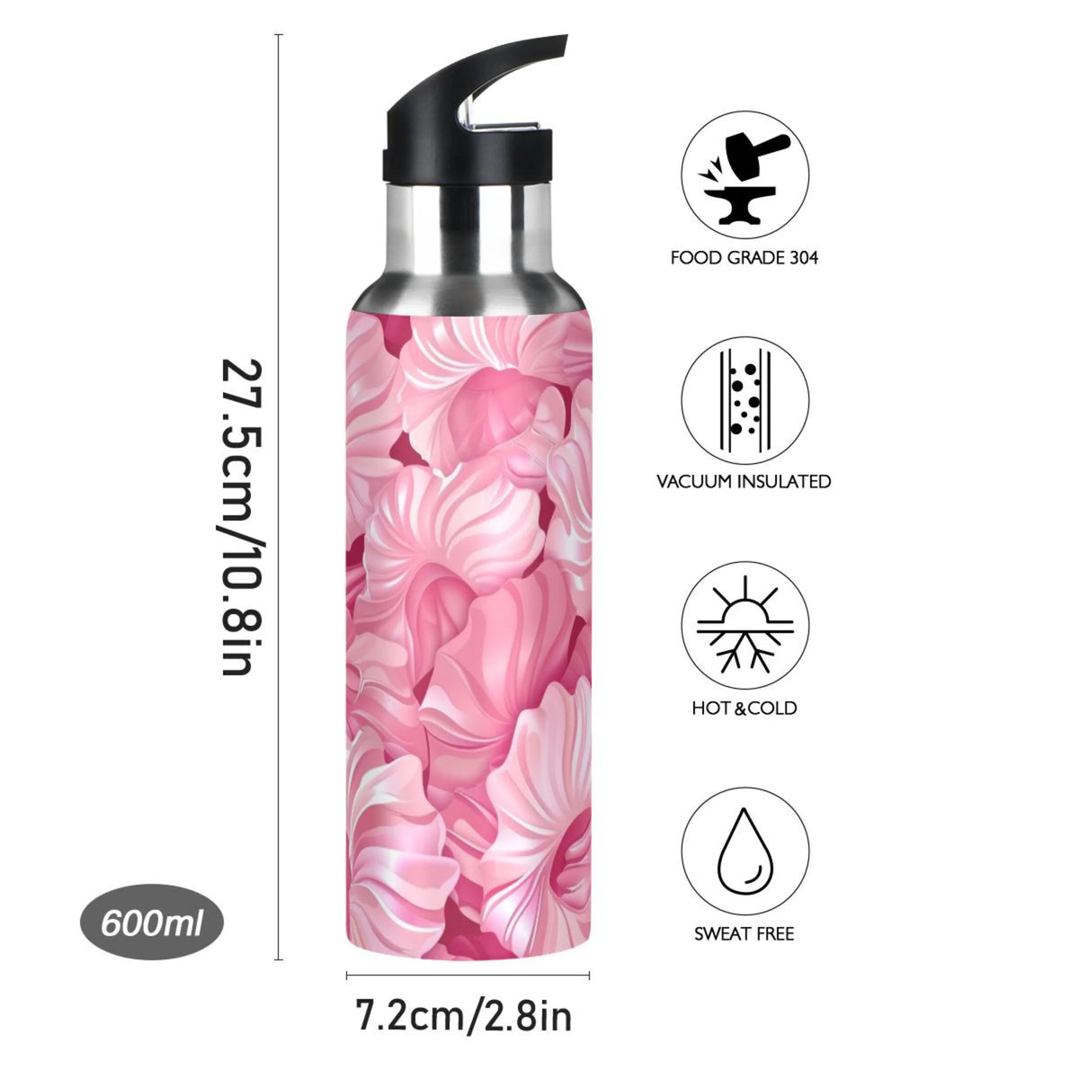 Pink Insulated Stainless Steel Water Bottle with Straw Lid 20 oz N912