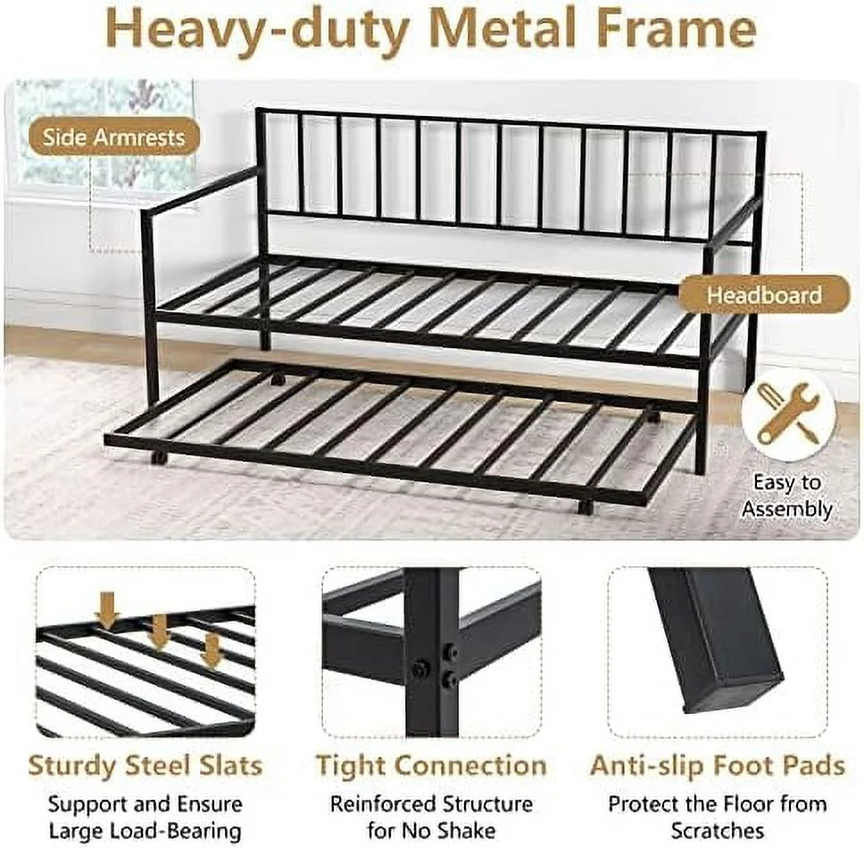 Black Metal Twin Daybed Frame with Slat Support and Guardrails V78787