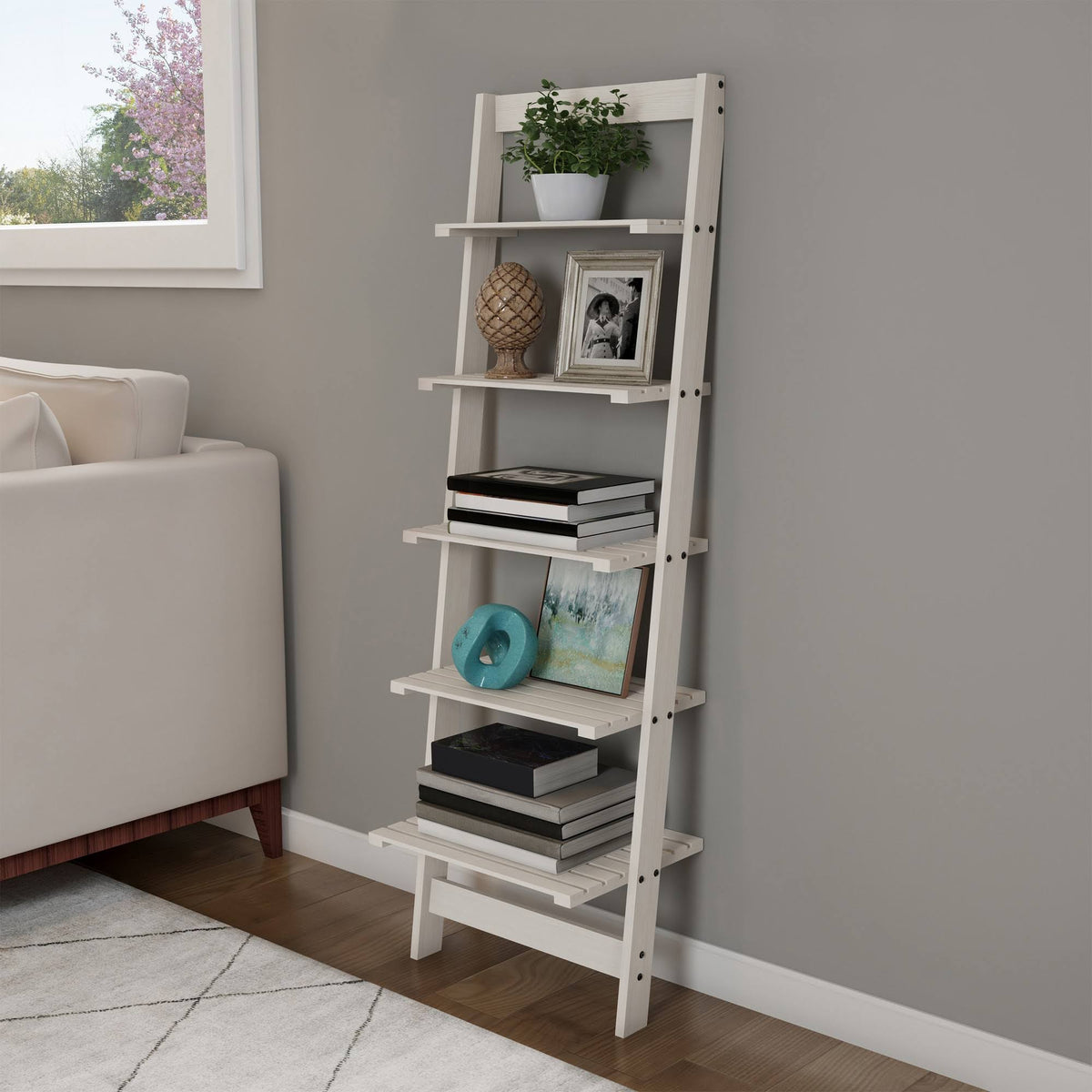 White 5-Tier Ladder-Style Bookcase Z6900