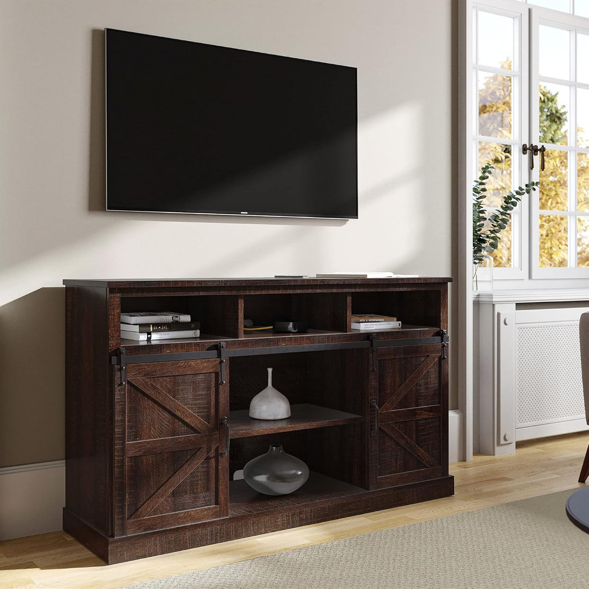 Modern Farmhouse TV Stand with Sliding Barn Door and Storage Cabinets E879943