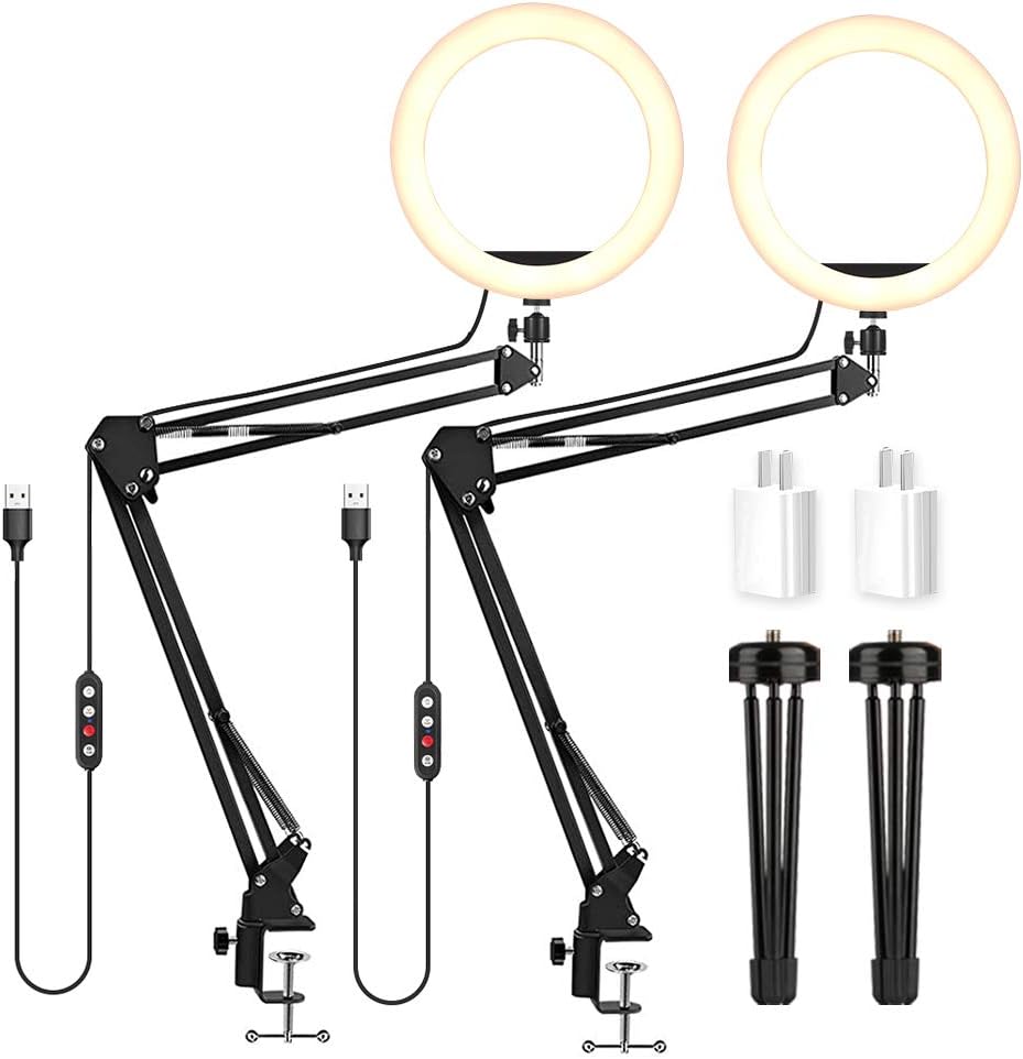 LED Video Conference Lighting with Clamp Scissor Arm Stand, 5600K USB Studio Light Kit D3828