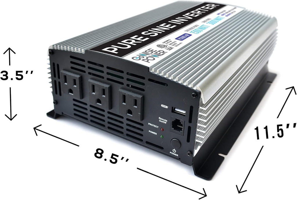 1500W Pure Sine Wave Power Inverter 12V DC to 120V AC with 3 AC Outlets Q973
