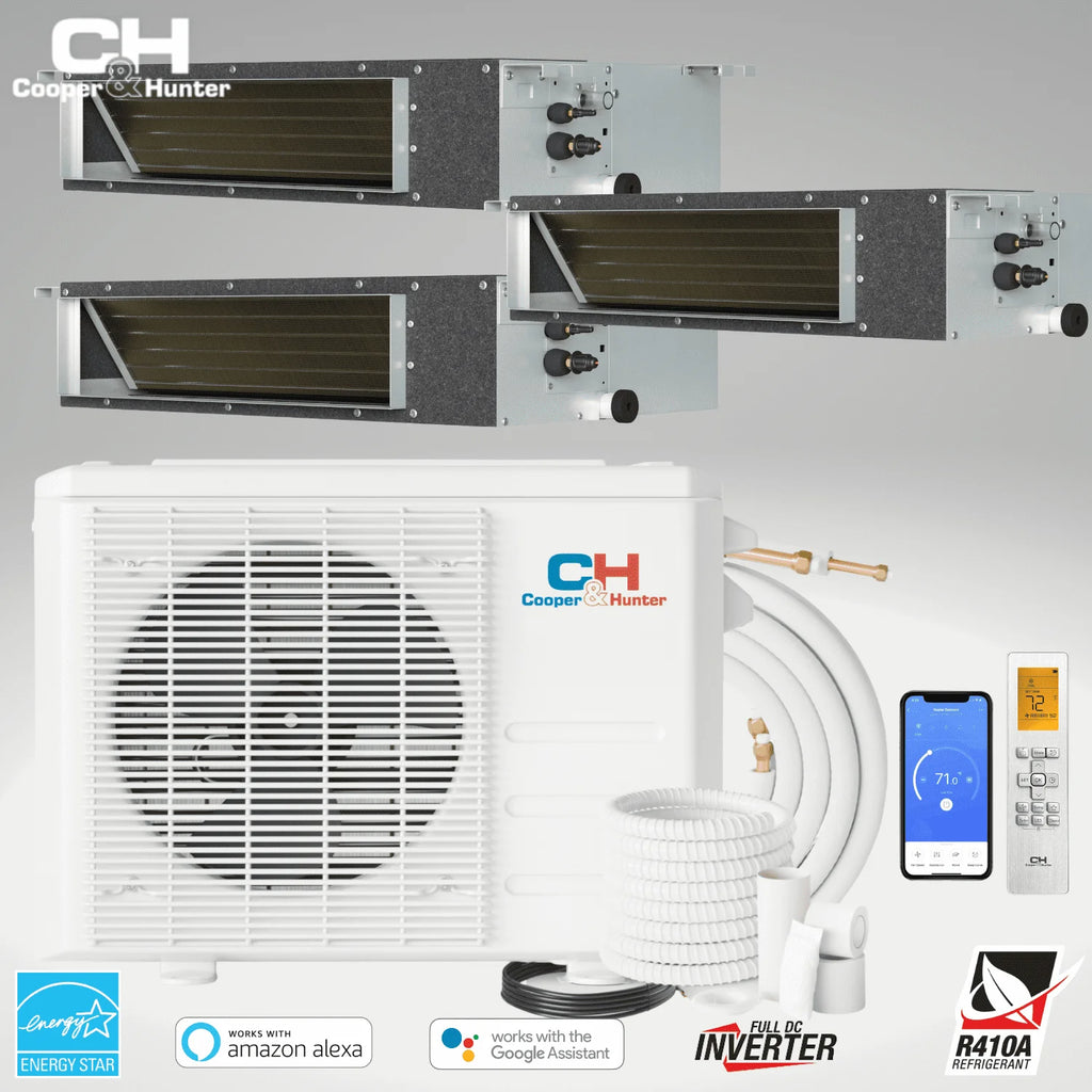 28000 BTU 230V Slim Ducted Tri 3 Zone Mini Split Heat Pump Air Conditioner V1715