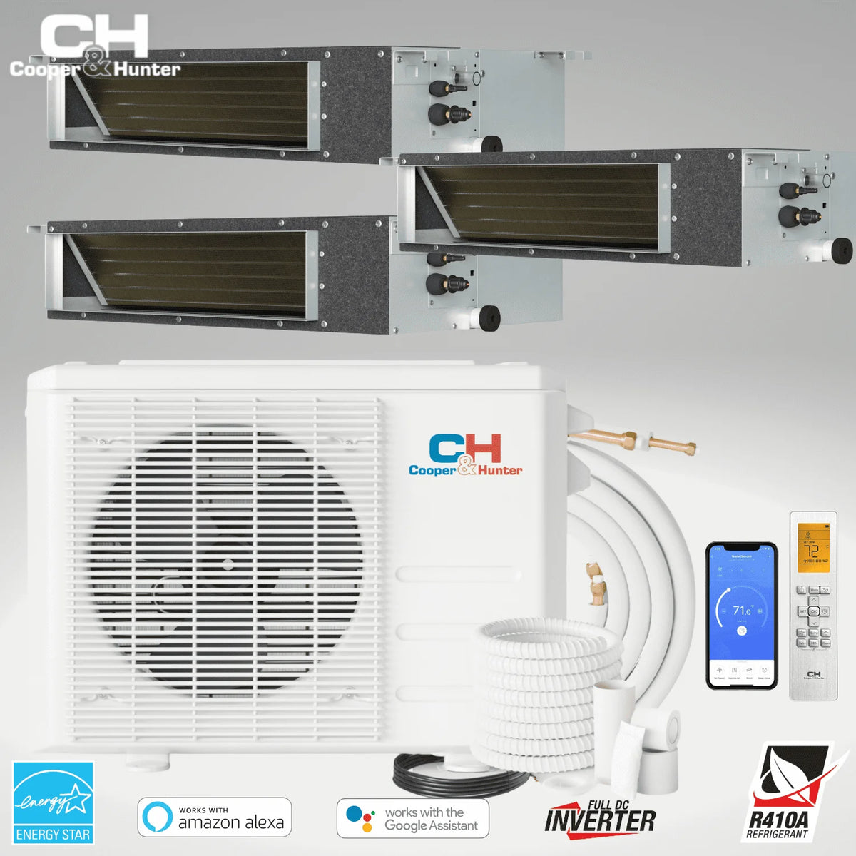 28000 BTU 230V Slim Ducted Tri 3 Zone Mini Split Heat Pump Air Conditioner V1715