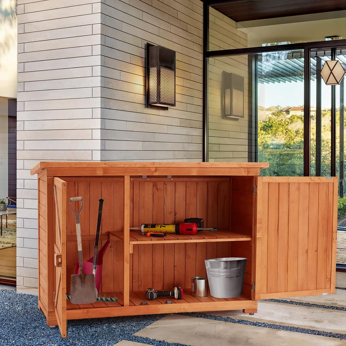 Wooden Outdoor Storage Cabinet with Lockable Double Doors Y51068