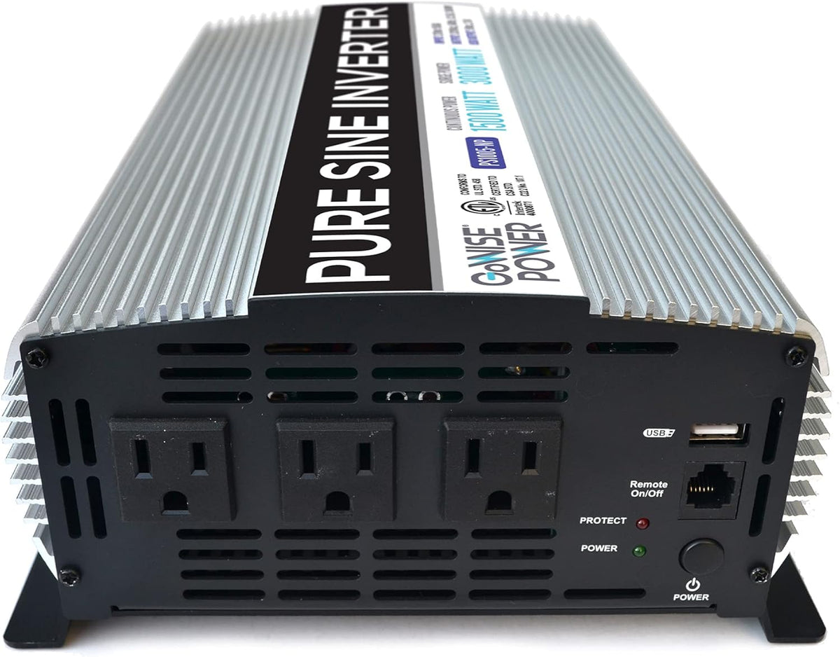 1500W Pure Sine Wave Power Inverter 12V DC to 120V AC with 3 AC Outlets Q973