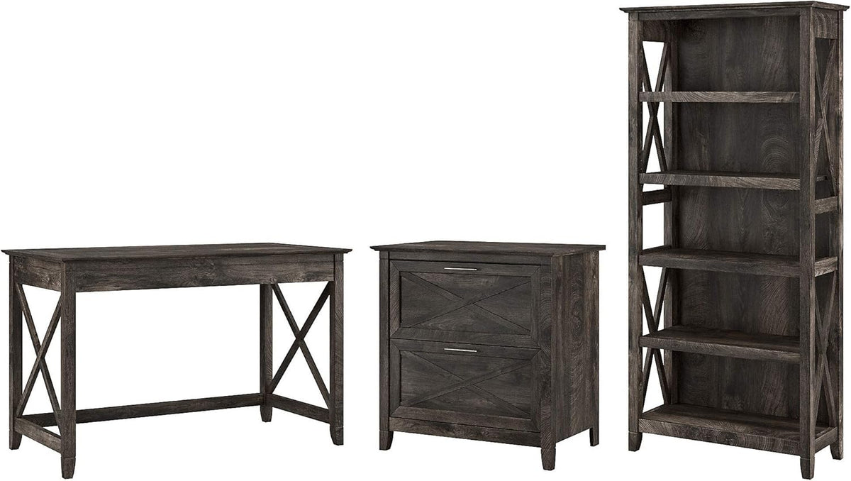 48W Cape Cod Gray Writing Desk with 2 Drawer File Cabinet and 5 Shelf Bookcase A3124