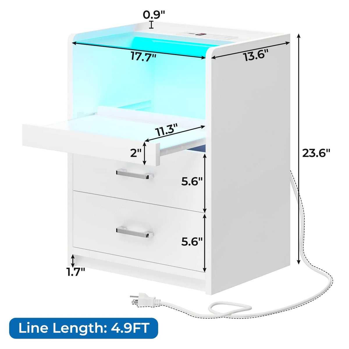 White LED Nightstand with 2 Drawers and Pull-Out Shelf K84338