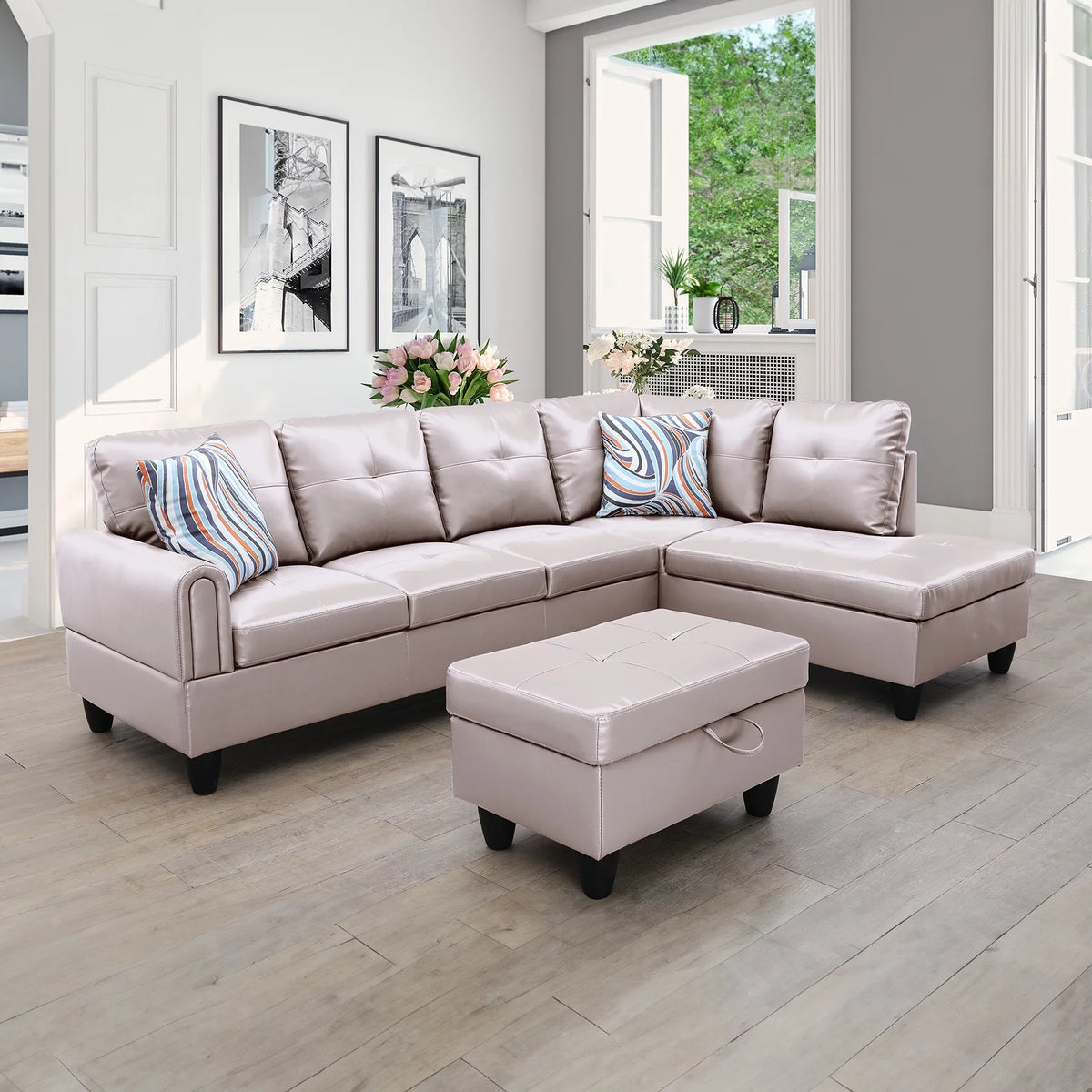 Faux Leather 3 Pieces Right Facing Sofa Set With Ottoman J462904