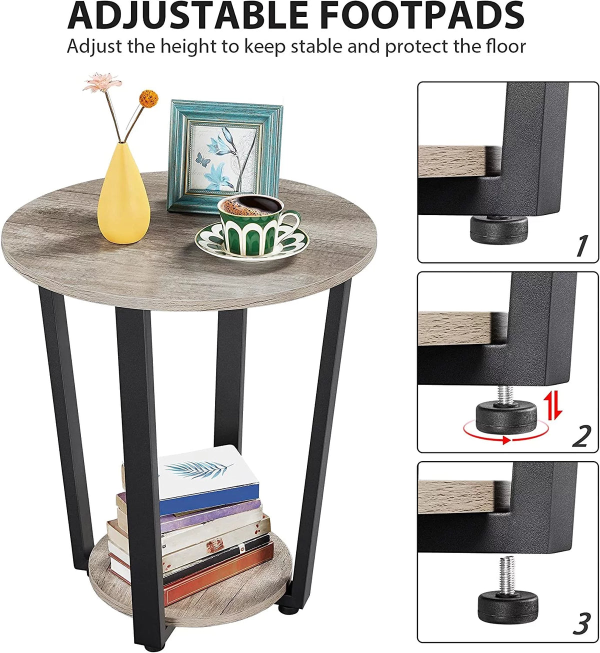 2-Tier Round End Tables Set of 2 with Metal Legs Gray M416
