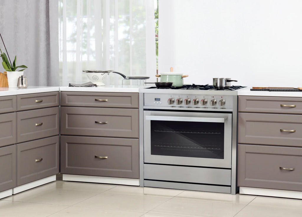 5 Piece Kitchen Appliance Package with Dual Fuel Range, Island Range Hood, Built-in Dishwasher, French Door Refrigerator & 48 Bottle Wine Refrigerator K1470