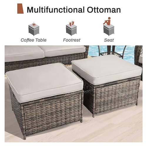 6 Pieces Patio Furniture Set Wicker Sofa with Swivel Rocking Chairs Ottoman Coffee Table Gray W59235