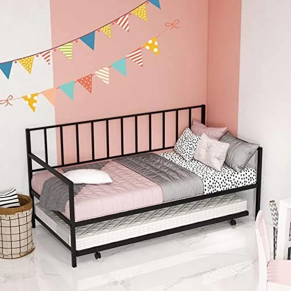 Black Metal Twin Daybed Frame with Slat Support and Guardrails V78787