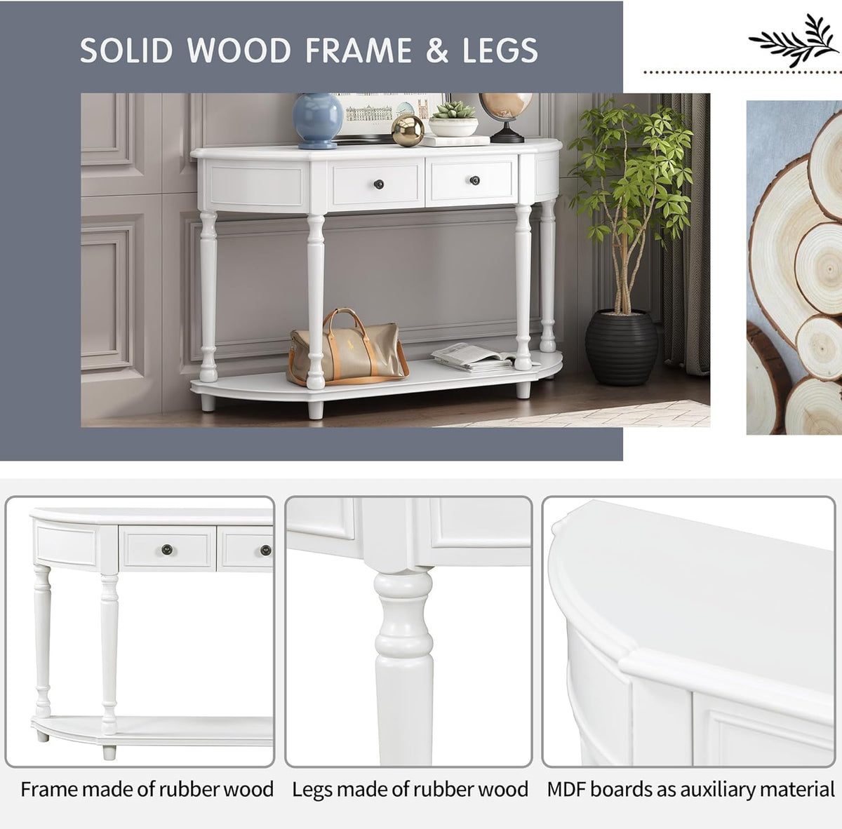 White Solid Wood Storage Cabinet with 2 Drawers and Open Shelf U453091