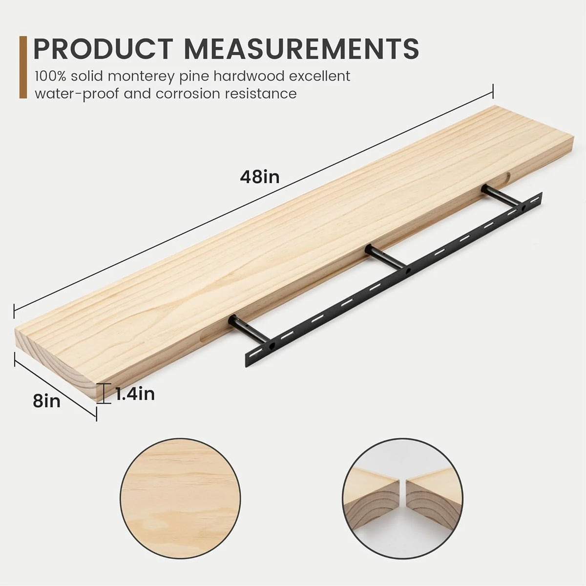 48 Inch Solid Pine Wood Floating Shelf with Metal Bracket L903867