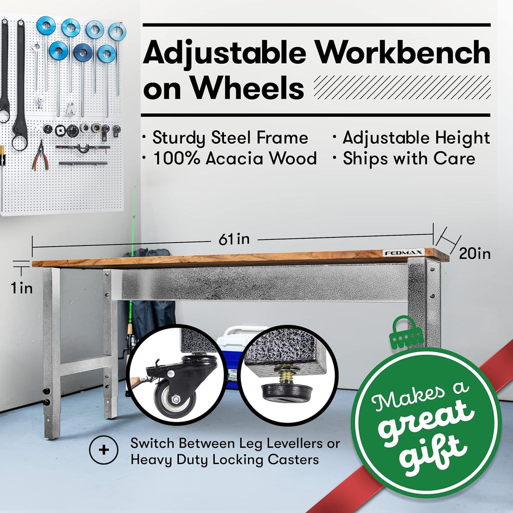 Acacia Wood Work Bench with Caster Wheels and Adjustable Height Legs U726