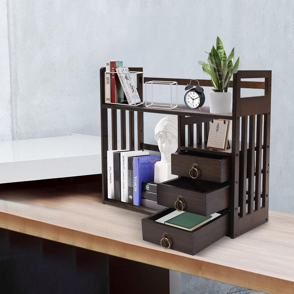 Bamboo Desk Bookshelf Organizer with Drawer, 19.7×7.5×17.7inch E856003